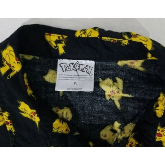 Pokemon Pikachu Print  Button Down Shirt Adult Size Small Black Yellow Official - Picture 4 of 5